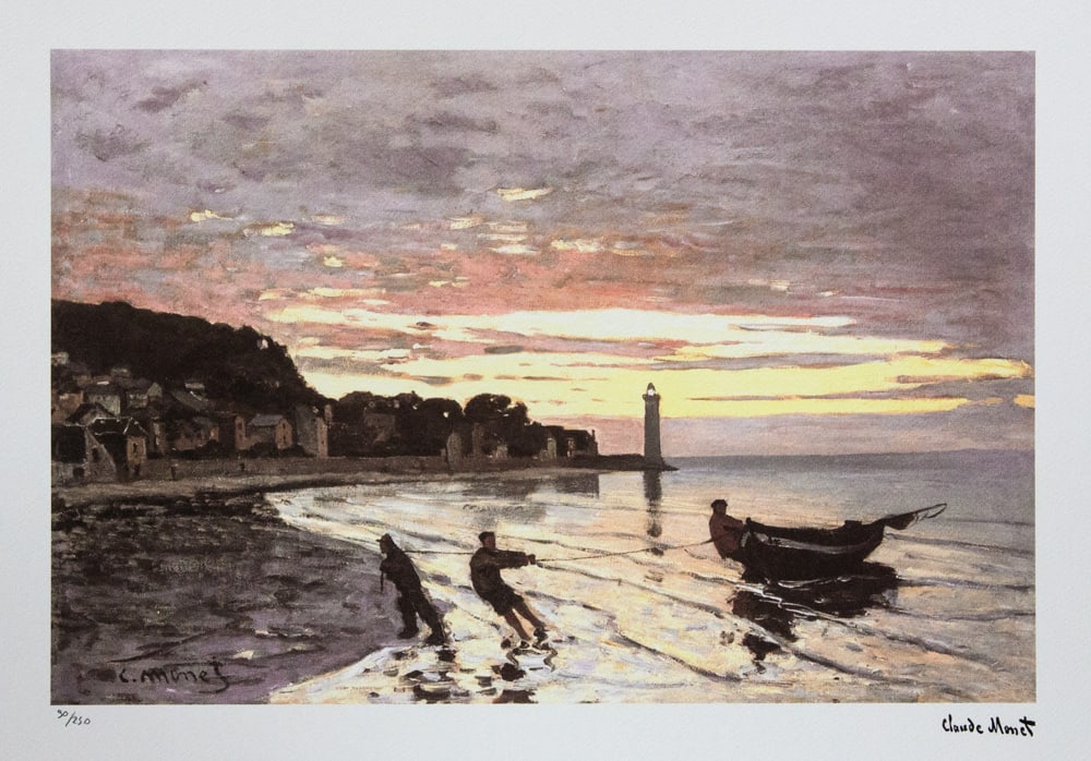 Claude Monet 'Hauling a Boat Ashore Honfleur': Claude Monet (after) 'Hauling a Boat Ashore Honfleur' lithography print, sheet size 50 x 70 cm, plate signed bottom right, numbered with pencil bottom left, limited edition 90/250, with embossing stam