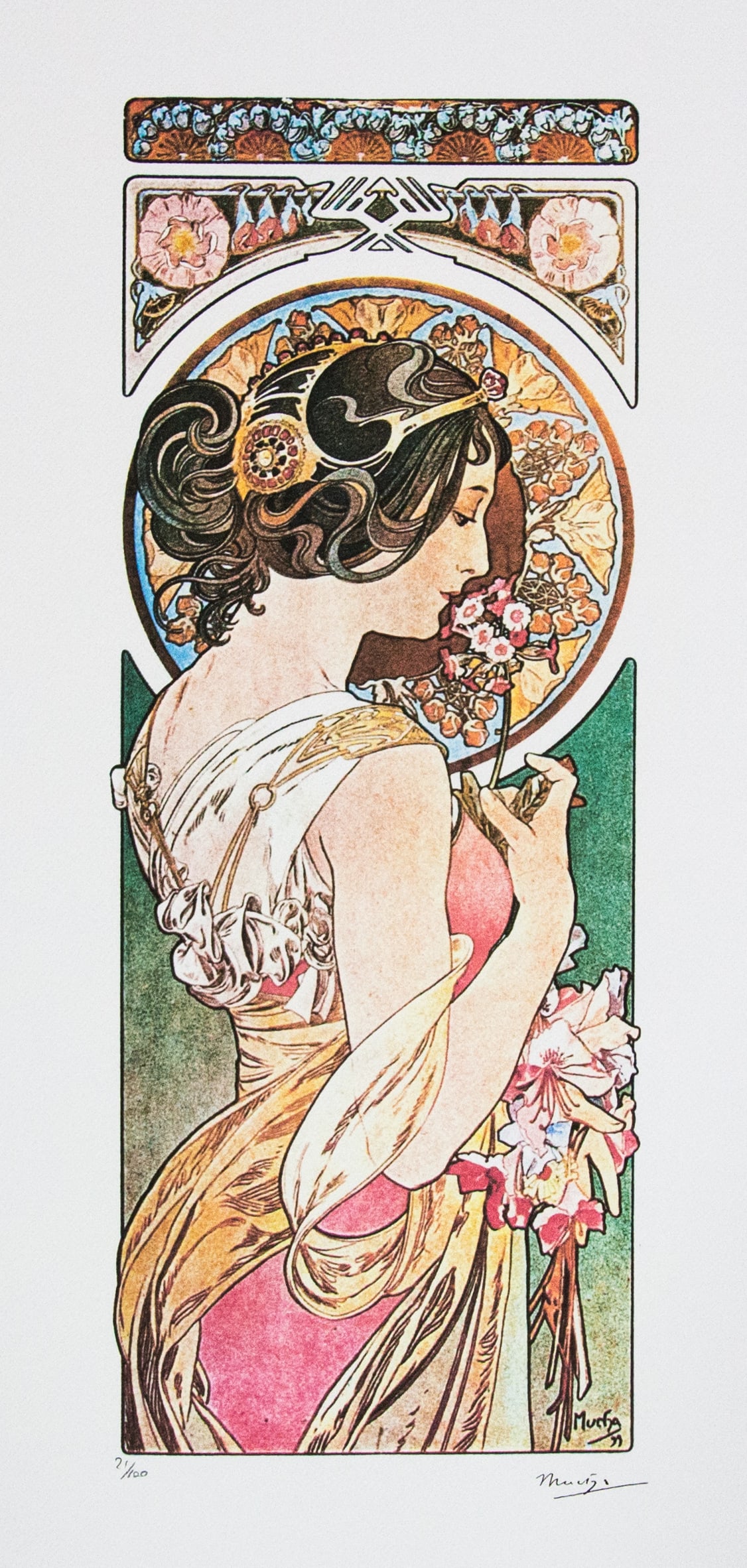Alphonse Mucha 'Primrose': Alphonse Mucha (after) 'Primrose' lithography print, sheet size 50 x 70 cm, plate signed bottom right, numbered with pencil bottom left, limited edition 21/100, bottom left publishing house stamp 'La 