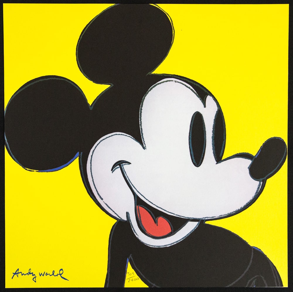 Andy Warhol 'Mickey Mouse': Andy Warhol (after) 'Mickey Mouse' offset lithography, size 60 x 60 cm, plate signed bottom left, numbered with pencil, limited edition 309/2400, heavy paper, stamped with CMOA on the back (Carnegie