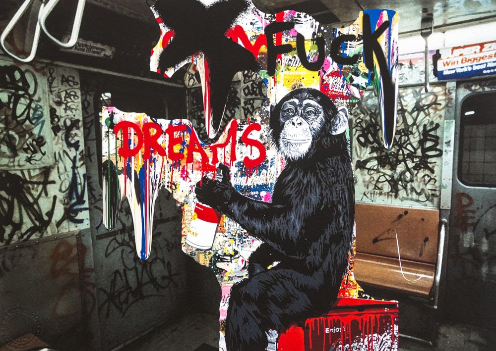DEATH NYC SIGNED FINE ART PRINT W/COA: DEATH NYC Signed Fine Art Print with COA , DEATH NYC is a New York City-based street artist. Her pseudonym is an acronym for 'Don't Easily Abandon the Hope'. Print is blind stamped, comes with Certifi