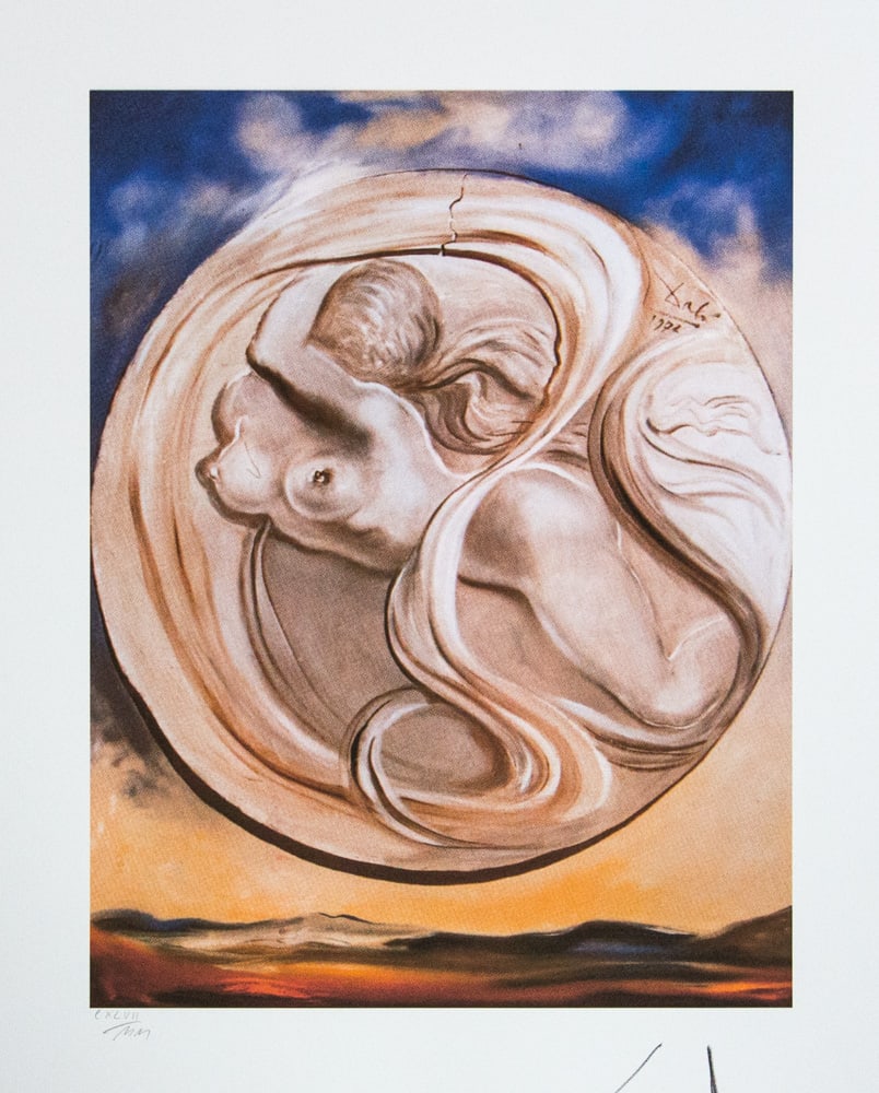 Salvador Dali 'Space Eve': Salvador Dali (after) 'Space Eve' offset lithography, sheet size 50 x 65 cm, heavy paper with watermark BFK Rives France, signed bottom right, pencil 'Dali', numbered with pencil bottom left