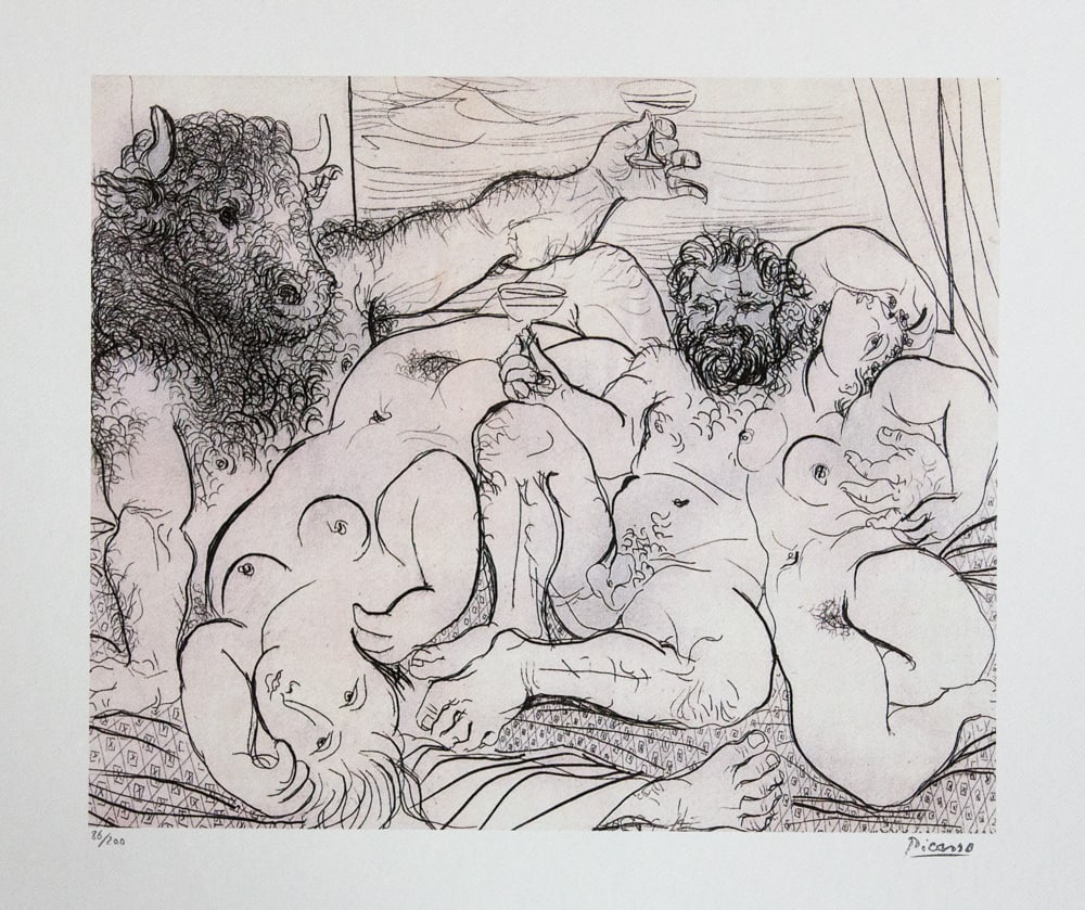 Pablo Picasso 'Bacchanal with Minotaur': Pablo Picasso (after) 'Bacchanal with Minotaur' lithograph print, limited edition of 200, sheet size 50 x 70 cm, plate signed bottom right, numbered with pencil bottom left 86/200, wove paper with