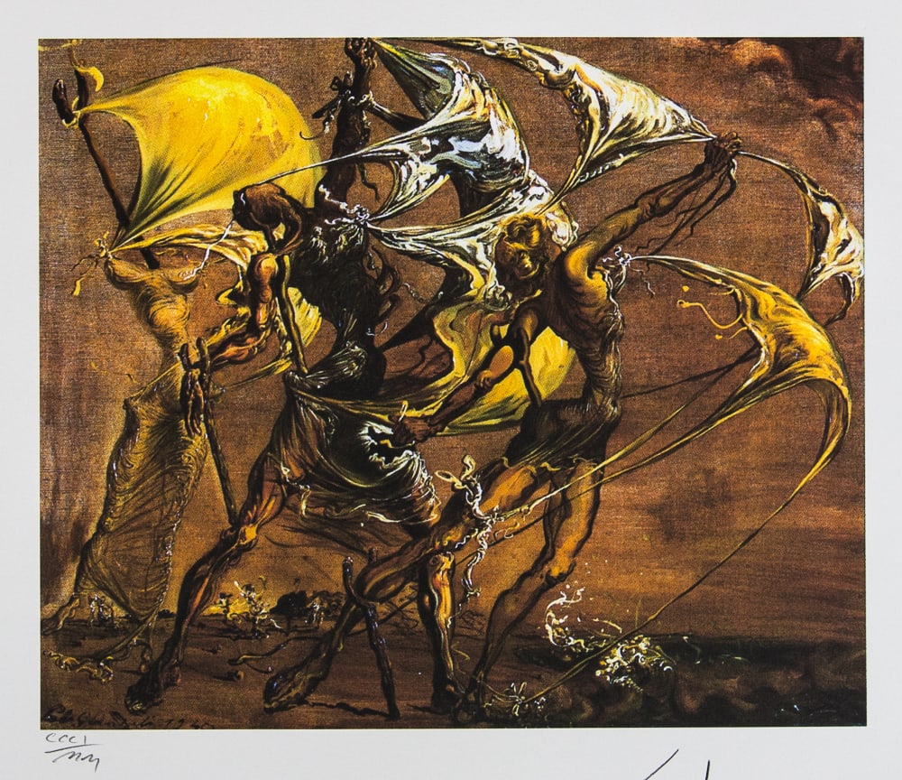 Salvador Dali 'Group of Woman Imitating the Gestures of a Schooner': Salvador Dali (after) 'Group of Woman Imitating the Gestures of a Schooner' offset lithography, sheet size 50 x 65 cm, heavy paper with watermark BFK Rives France, signed bottom right, pencil 'Dali', 