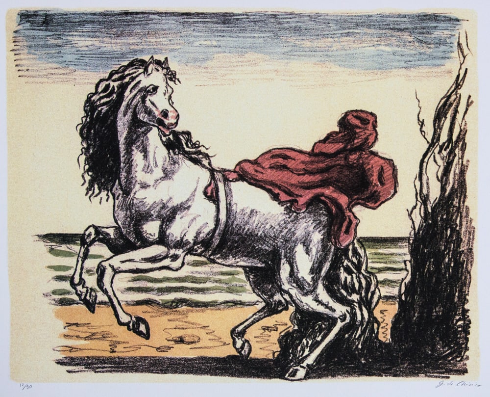 Giorgio De Chirico 'Horse with Mantle': Giorgio De Chirico (after) 'Horse with Mantle' offset lithograph in colors, cotton paper, sheet size 50 x 70 cm, numbered bottom left with pencil, limited edition 12/90, signed bottom right, pencil