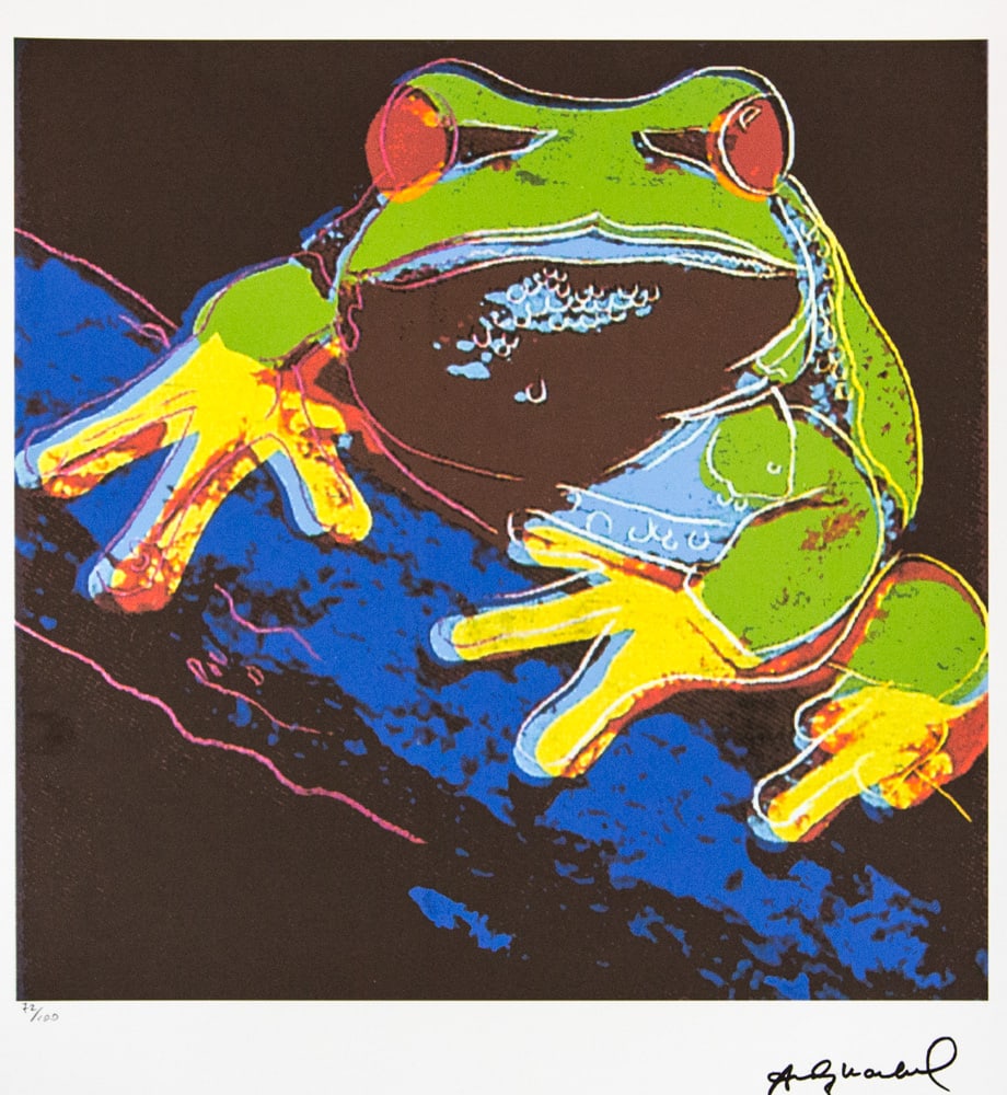 Andy Warhol 'Pine Barrens Tree Frog': Andy Warhol (after) 'Pine Barrens Tree Frog' offset lithograph in colors on Arches paper, sheet size 38,5 x 57 cm, plate signed bottom right, numbered with pencil, limited edition 72/100 (Leo