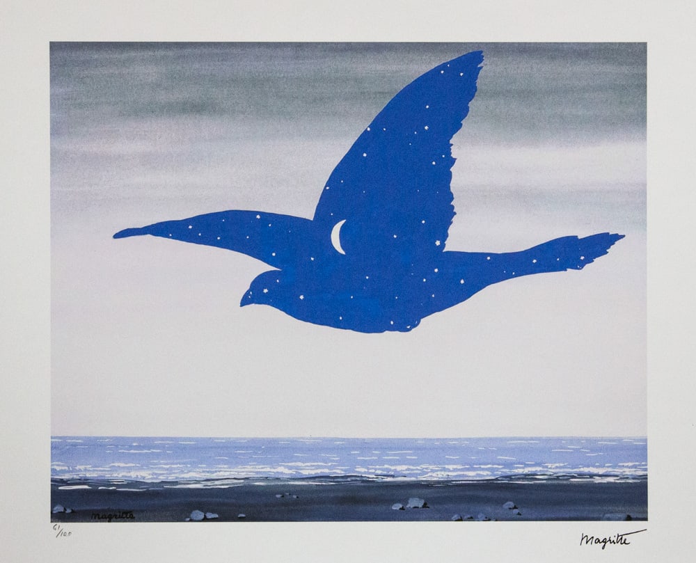 Rene Magritte 'The Kiss': Rene Magritte (after) 'The Kiss' lithography print, limited edition of 100, plate signed bottom right, numbered with pencil bottom left 61/100, bottom left publishing house stamp 'SPADEM, Paris',