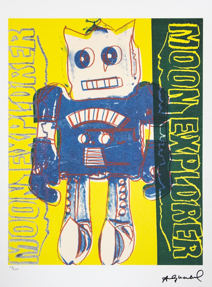 Andy Warhol 'Moon Explorer Robot': Andy Warhol (after) 'Moon Explorer Robot' offset lithograph in colors on Arches paper, sheet size 38,5 x 57 cm, plate signed bottom right, numbered with pencil, limited edition 28/100 (Leo Castelli,