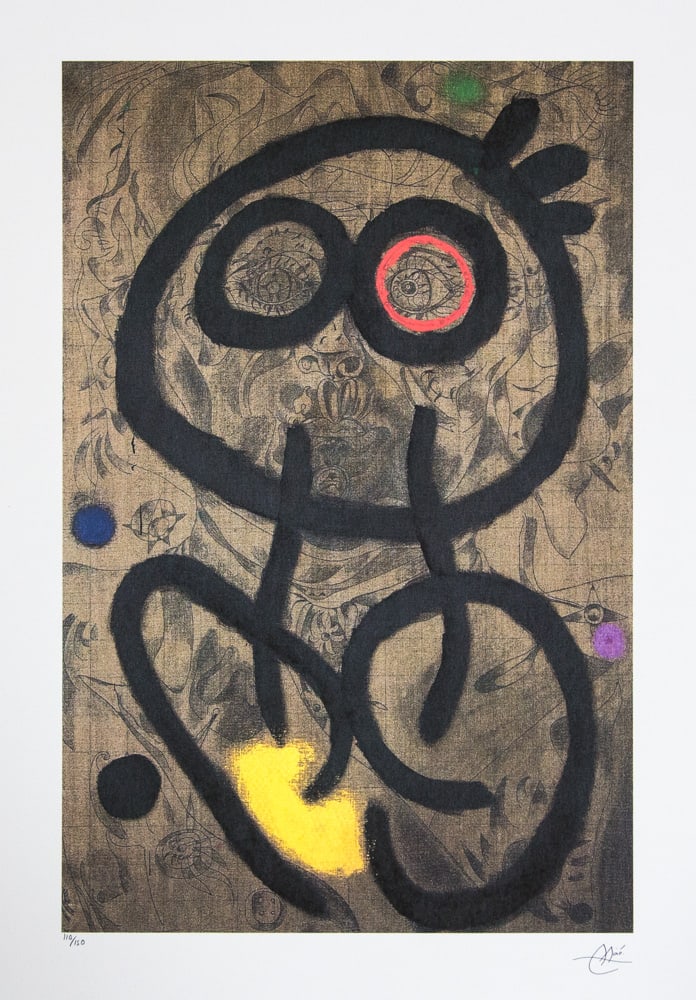 Joan Miro 'Self Portrait': Joan Miro (after) 'Self Portrait' lithography print, sheet size 56 x 76 cm, plate signed bottom right, numbered with pencil bottom left, limited edition 110/150, bottom right publishing house stamp