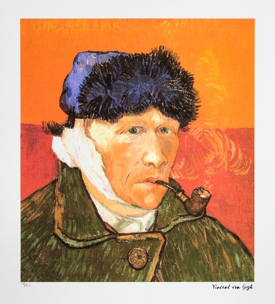 Vincent van Gogh 'Self-Portrait with Bandaged Ear and Pipe': Vincent van Gogh (after) 'Self-Portrait with Bandaged Ear and Pipe' lithography print, sheet size 50 x 70 cm, plate signed bottom right, numbered with pencil bottom left, limited edition 56/250, with