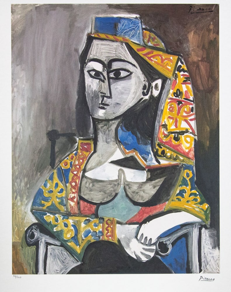 Pablo Picasso 'Woman in Turkish Costume in a Chair': Pablo Picasso (after) 'Woman in Turkish Costume in a Chair' lithograph print, limited edition of 200, sheet size 50 x 70 cm, plate signed bottom right, numbered with pencil bottom left 86/200, wove