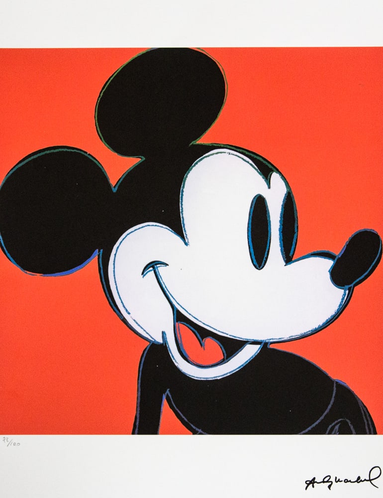 Andy Warhol 'Mickey Mouse': Andy Warhol (after) 'Mickey Mouse' offset lithograph in colors on Arches paper, sheet size 38,5 x 57 cm, plate signed bottom right, numbered with pencil, limited edition 78/100 (Leo Castelli, Art Gall