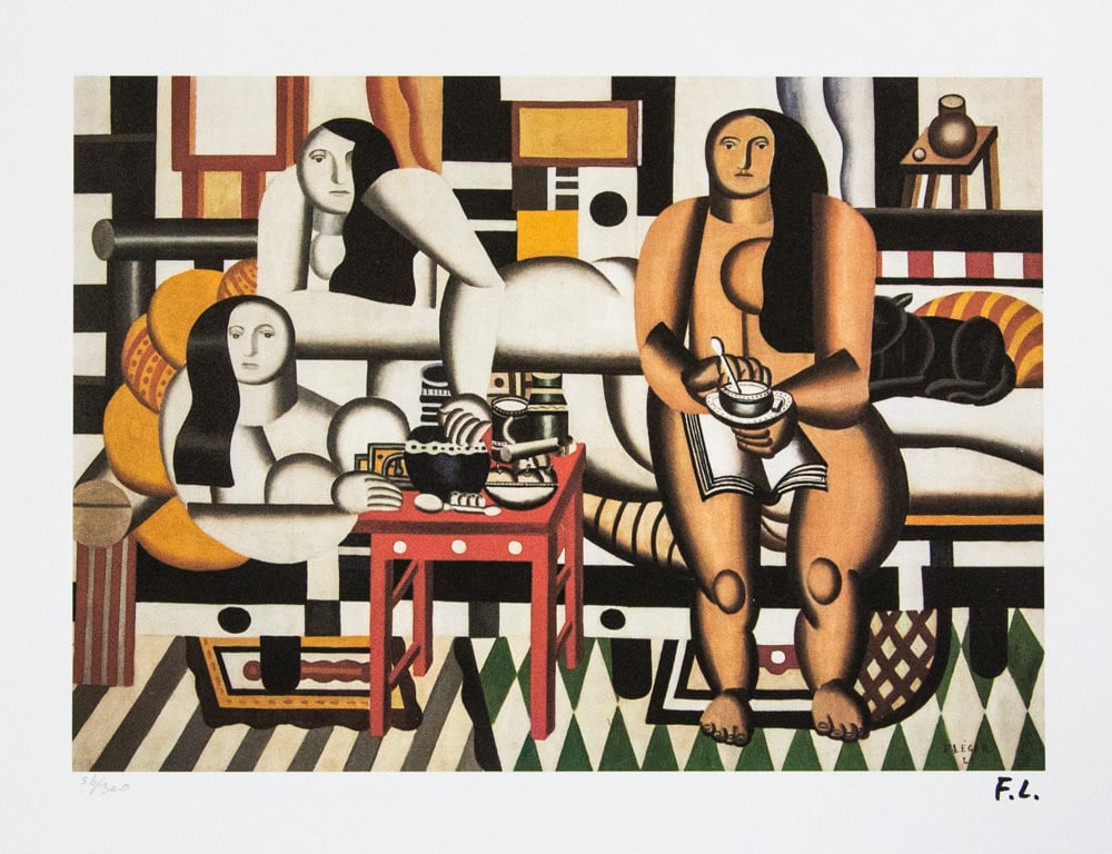 Fernand Leger 'Three Women': Fernand Leger (after) 'Three Women' lithography print, plate signed bottom right, numbered with pencil bottom left, limited edition 56/300, bottom left publishing house stamp 'Leonardo Artis', heavy