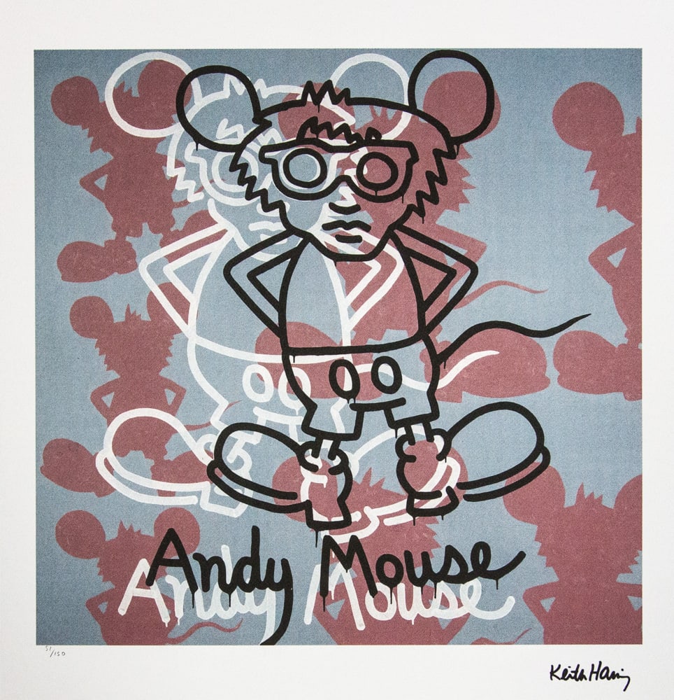 Keith Haring 'Andy Mouse': Keith Haring (after) 'Andy Mouse' offset lithography, limited edition of 150, sheet size 50 x 70 cm, plate signed bottom right, numbered with pencil bottom left 51/150, cotton paper, Keith Haring