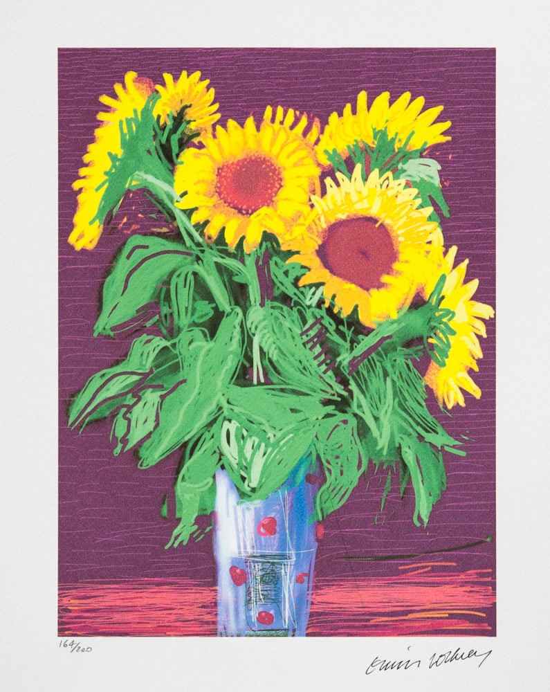 David Hockney 'Sunflowers': David Hockney (after) 'Sunflowers' limited edition of 200, lithography print, plate signed bottom right, numbered with pencil bottom left 164/200, heavy cotton paper, with embossing stamp 'SPADEM,