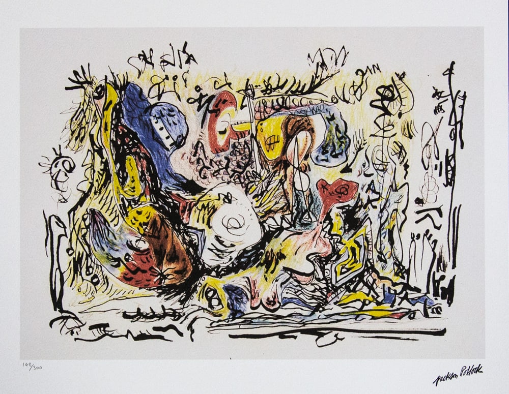 Jackson Pollock, Untitled II (1945): Jackson Pollock (after) Untitled II (1945), lithography print, sheet size 50 x 70 cm, plate signed bottom right, numbered with pencil bottom left, limited edition 148/300, with embossing stamp