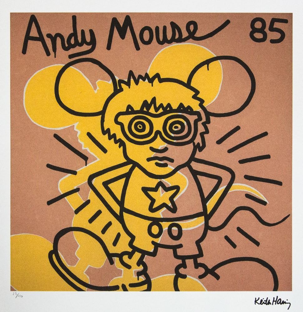 Keith Haring 'Andy Mouse': Keith Haring (after) 'Andy Mouse' offset lithography, limited edition of 150, sheet size 50 x 70 cm, plate signed bottom right, numbered with pencil bottom left 25/150, cotton paper, Keith Haring