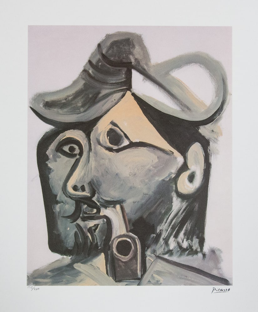 Pablo Picasso 'Head of a Man With a Pipe': Pablo Picasso (after) 'Head of a Man With a Pipe' lithograph print, limited edition of 200, sheet size 50 x 70 cm, plate signed bottom right, numbered with pencil bottom left 152/200, wove paper with