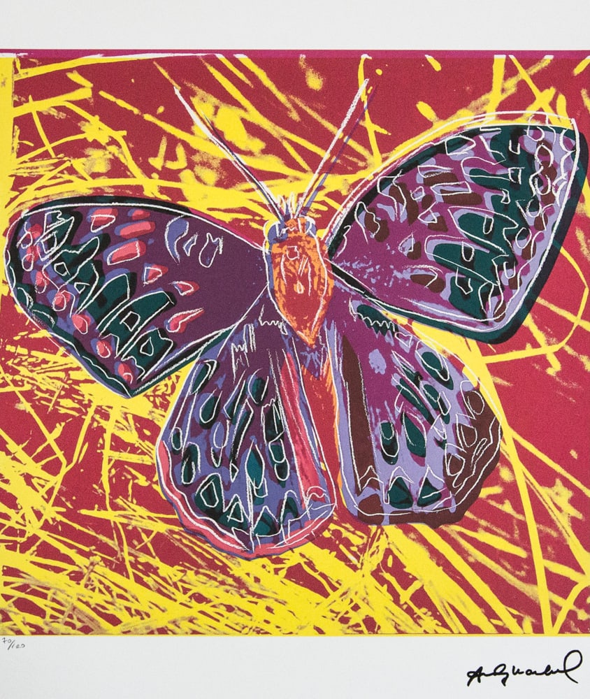 Andy Warhol 'Butterfly': Andy Warhol (after) 'Butterfly' offset lithograph in colors on Arches paper, sheet size 38,5 x 57 cm, plate signed bottom right, numbered with pencil, limited edition 70/100 (Leo Castelli, Art