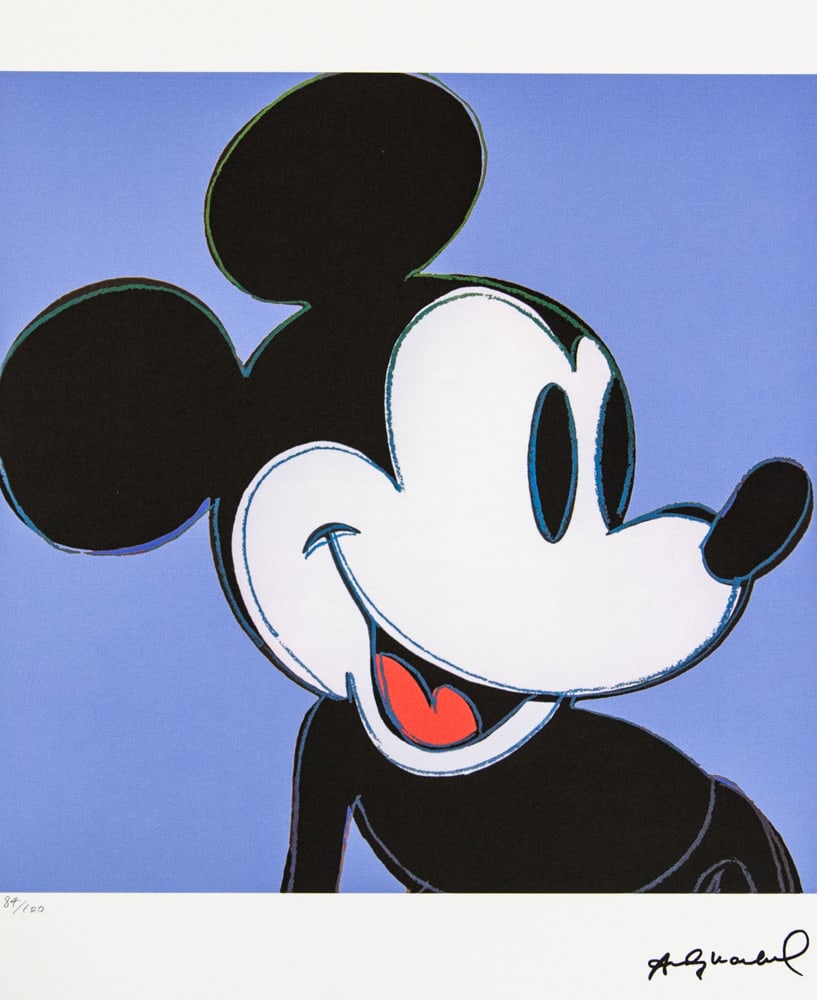 Andy Warhol 'Mickey Mouse': Andy Warhol (after) 'Mickey Mouse' offset lithograph in colors on Arches paper, sheet size 38,5 x 57 cm, plate signed bottom right, numbered with pencil, limited edition 84/100 (Leo Castelli, Art