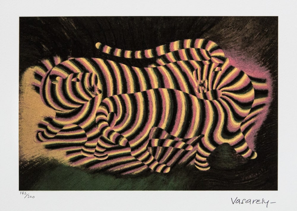 Victor Vasarely 'Tigres': Victor Vasarely (after) 'Tigres' limited edition of 500, lithography print, plate signed bottom right, numbered with pencil bottom left 142/500, heavy cotton paper, with embossing stamp 'SPADEM,