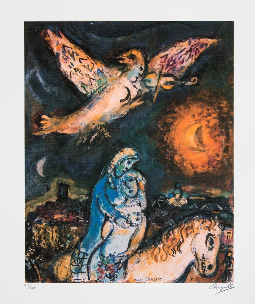 Marc Chagall 'Serenade': Marc Chagall (after) 'Serenade' offset lithograph, signed bottom right, numbered with pencil bottom left, limited edition 206/300, bottom left embossing stamp 'SPADEM Paris' heavy cotton paper, sheet