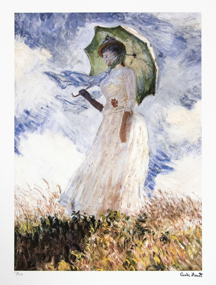 Claude Monet 'Woman with a Parasol': Claude Monet (after) 'Woman with a Parasol' lithography print, sheet size 50 x 70 cm, plate signed bottom right, numbered with pencil bottom left, limited edition 150/250, with embossing stamp 'SPADEM