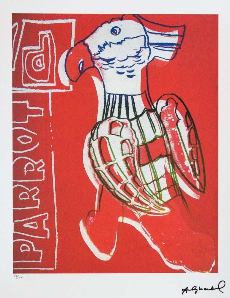 Andy Warhol 'Parrot': Andy Warhol (after) 'Parrot' offset lithograph in colors on Arches paper, sheet size 38,5 x 57 cm, plate signed bottom right, numbered with pencil, limited edition 82/100 (Leo Castelli, Art Gallery