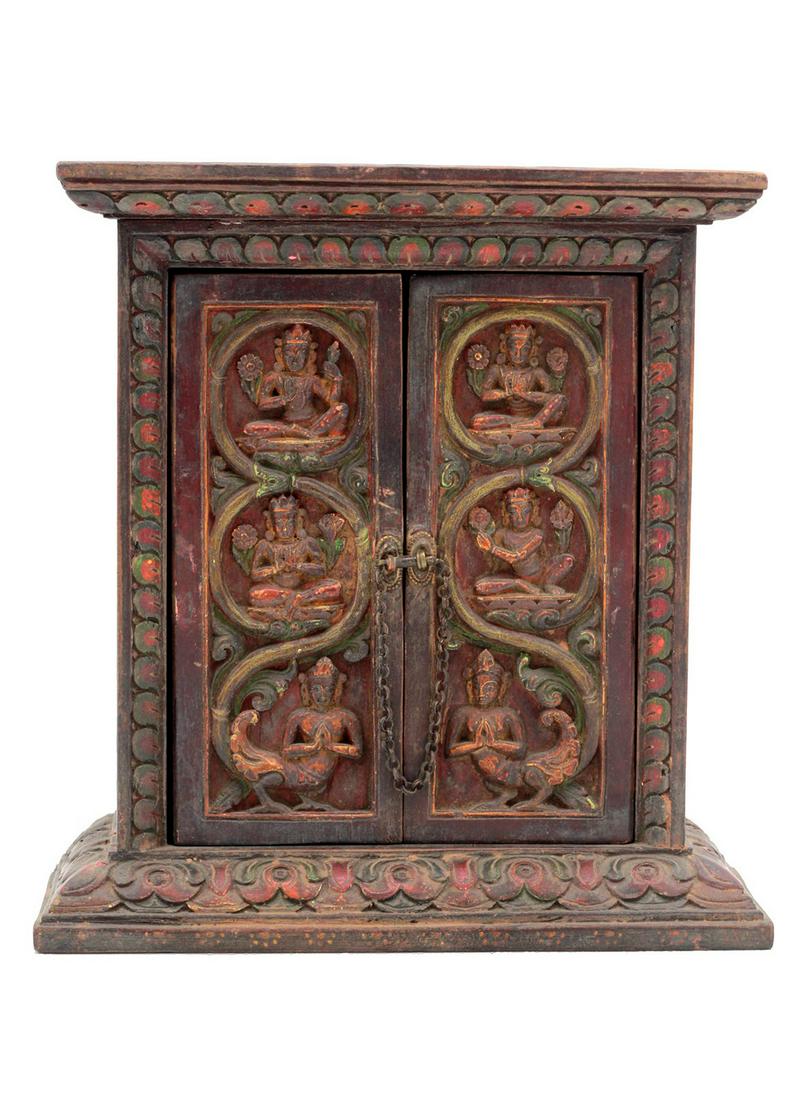 Antique Tibetan Small, Wood Travel Shrine Box: A Small Wood Travel Shrine Box Tibet, circa 18th century 26.5cm x 25 cm x 10 cm Wood, Polychrome mixed with Stone Paint With a Terracotta Buddha