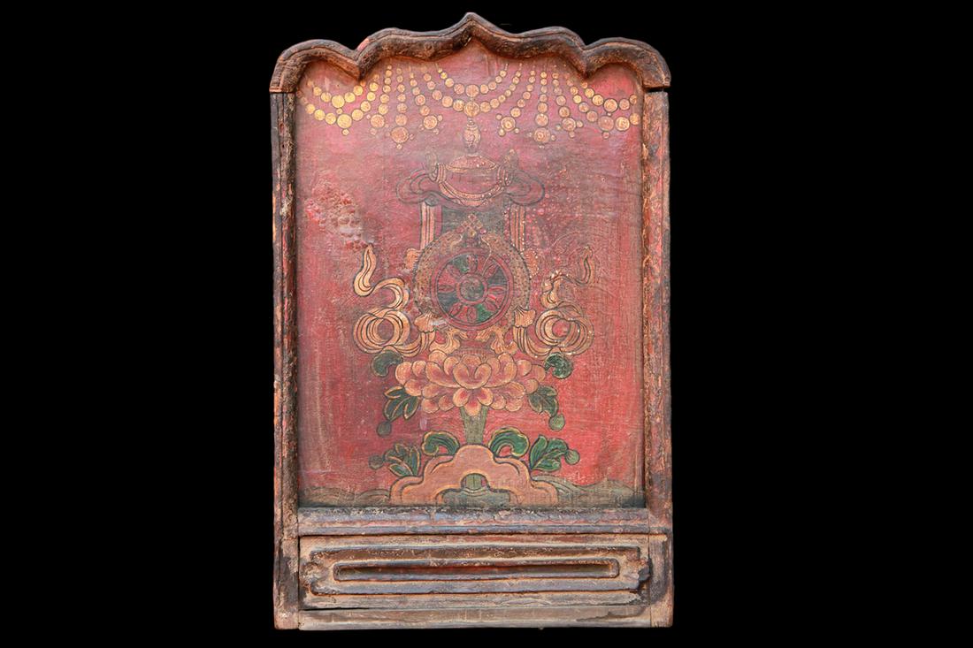 Antique Tibetan Small, Wood Travel Shrine Box: A Small Wood Travel Shrine Box Tibet, circa 18th - 19th century Wood, Polychrome Paint 38 x 25 x 6.63 cm ( inside 28 ht x 21.5 cm) With a Figure of Chenrezi, the Buddha of Compassion in the center, su