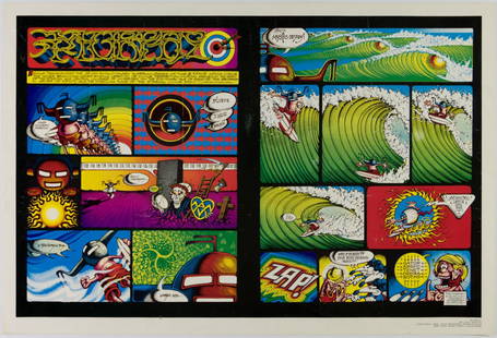 1969 Rick Griffin Murphy Tales From The Tube Poster: Here is a very scarce Rick Griffin poster that highlights the artist's surf imagery. This original poster reproduced the centerfold from Griffin's Tales from the Tube Comix. It incorporates vivid and