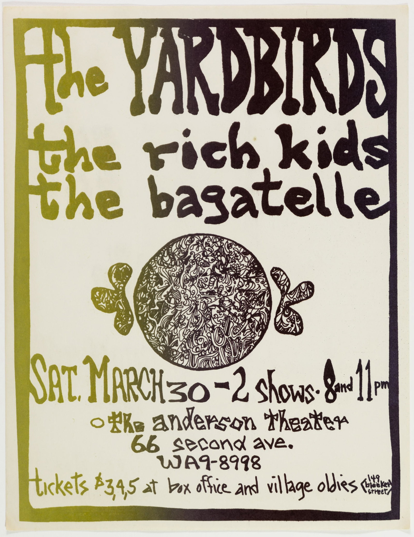1968 The Yardbirds Anderson Theater Concert Handbill (1 of 2)