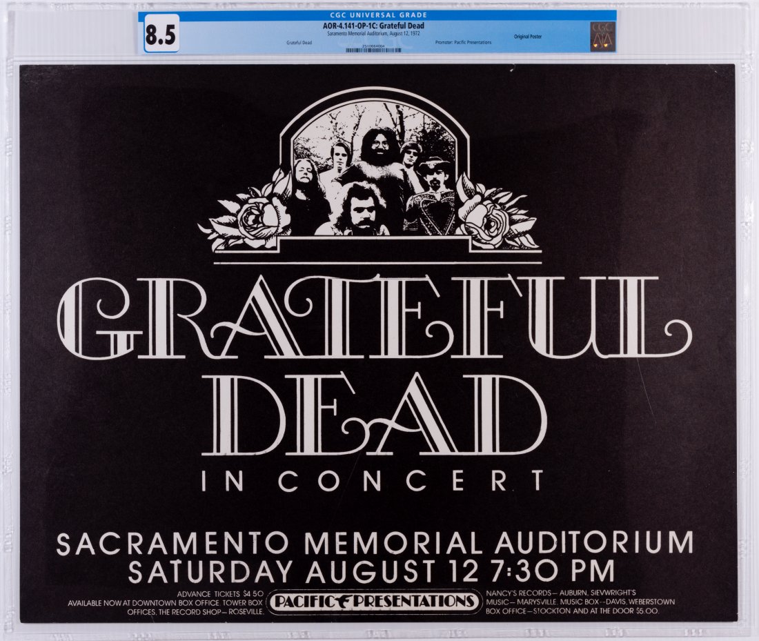 1972 AOR-4.141 Grateful Dead Sacramento Poster CGC 8.5: Dead posters with photos of Pigpen always enjoy top collector demand and this issue is no exception. This is the first CGC graded example of this poster we have ever auctioned. Poster – Gra