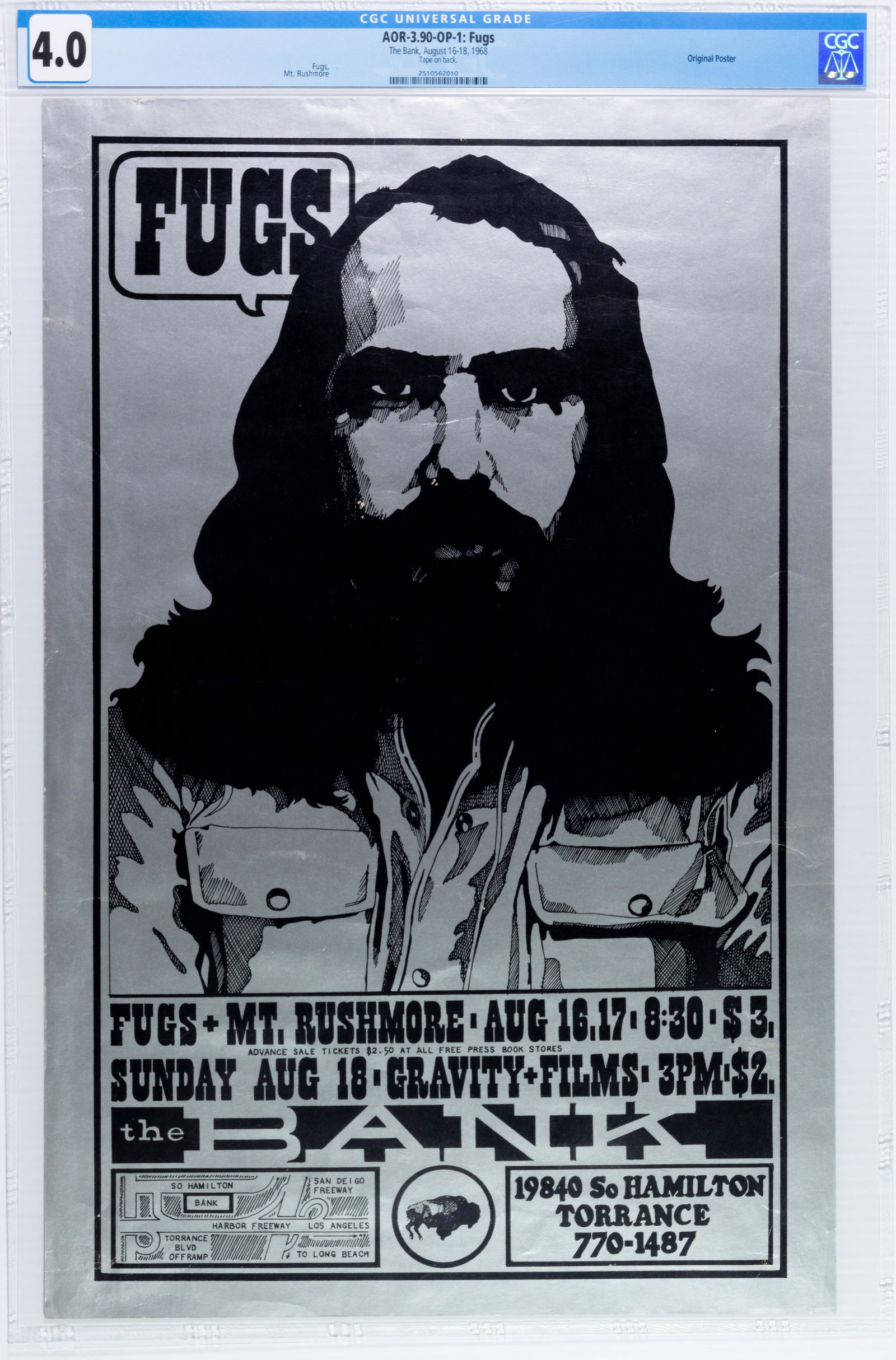 1968 AOR-3.90 Fugs Mt Rushmore The Bank Poster CGC 4.0 (1 of 2)