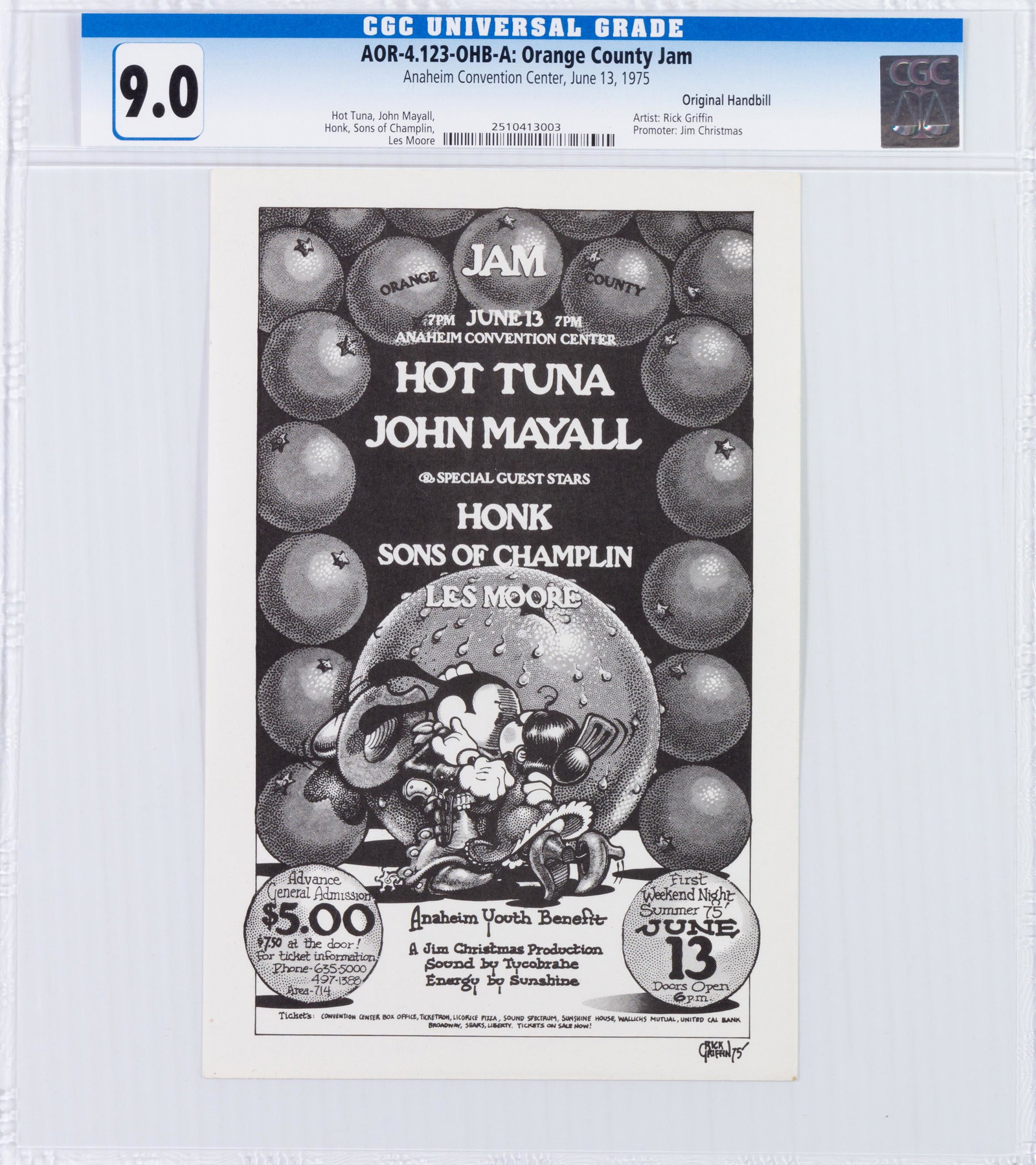 1975 AOR-4.123 Hot Tuna Orange County Handbill CGC 9.0 (1 of 2)