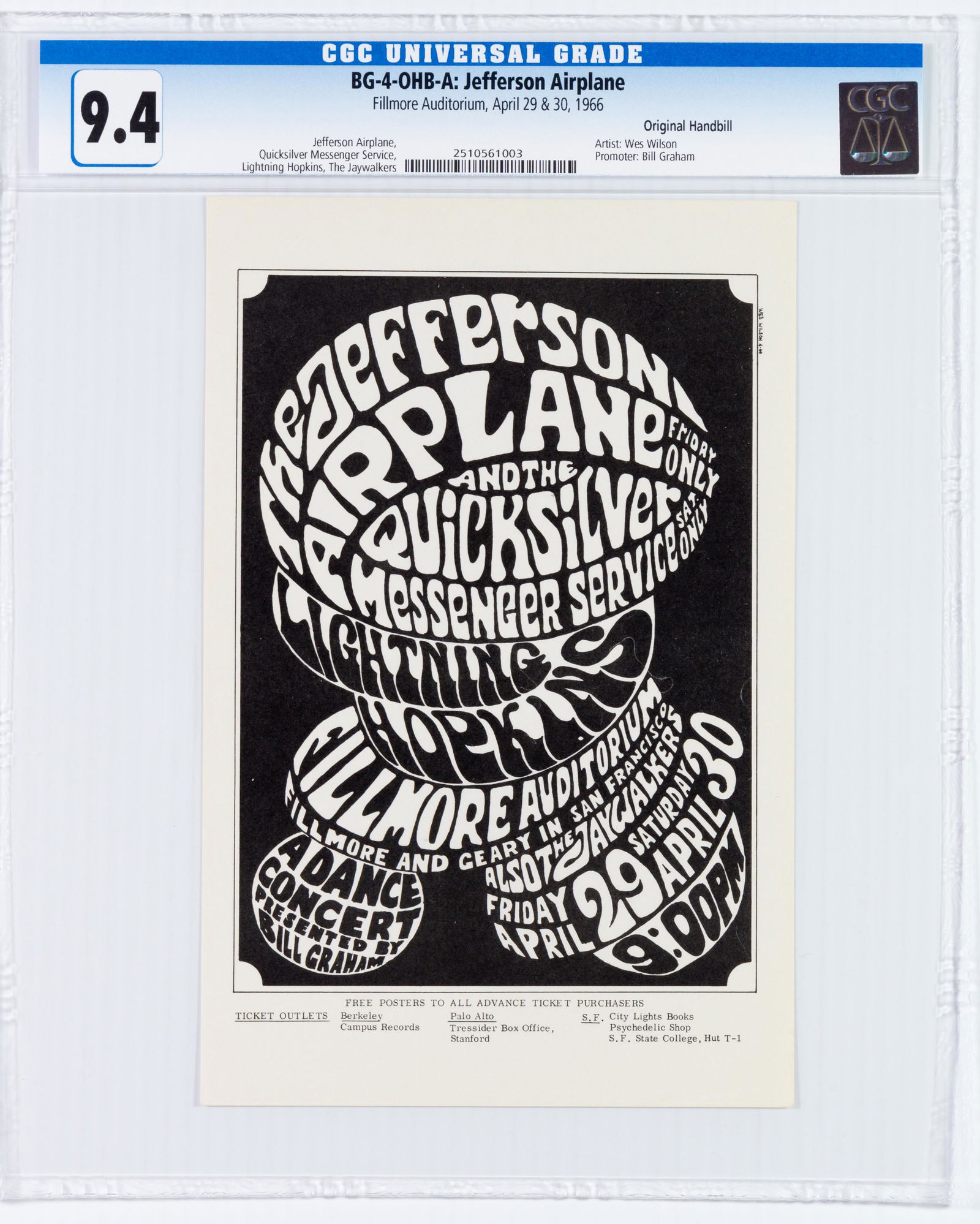 1966 BG-4 Jefferson Airplane Fillmore Handbill CGC 9.4 (1 of 2)