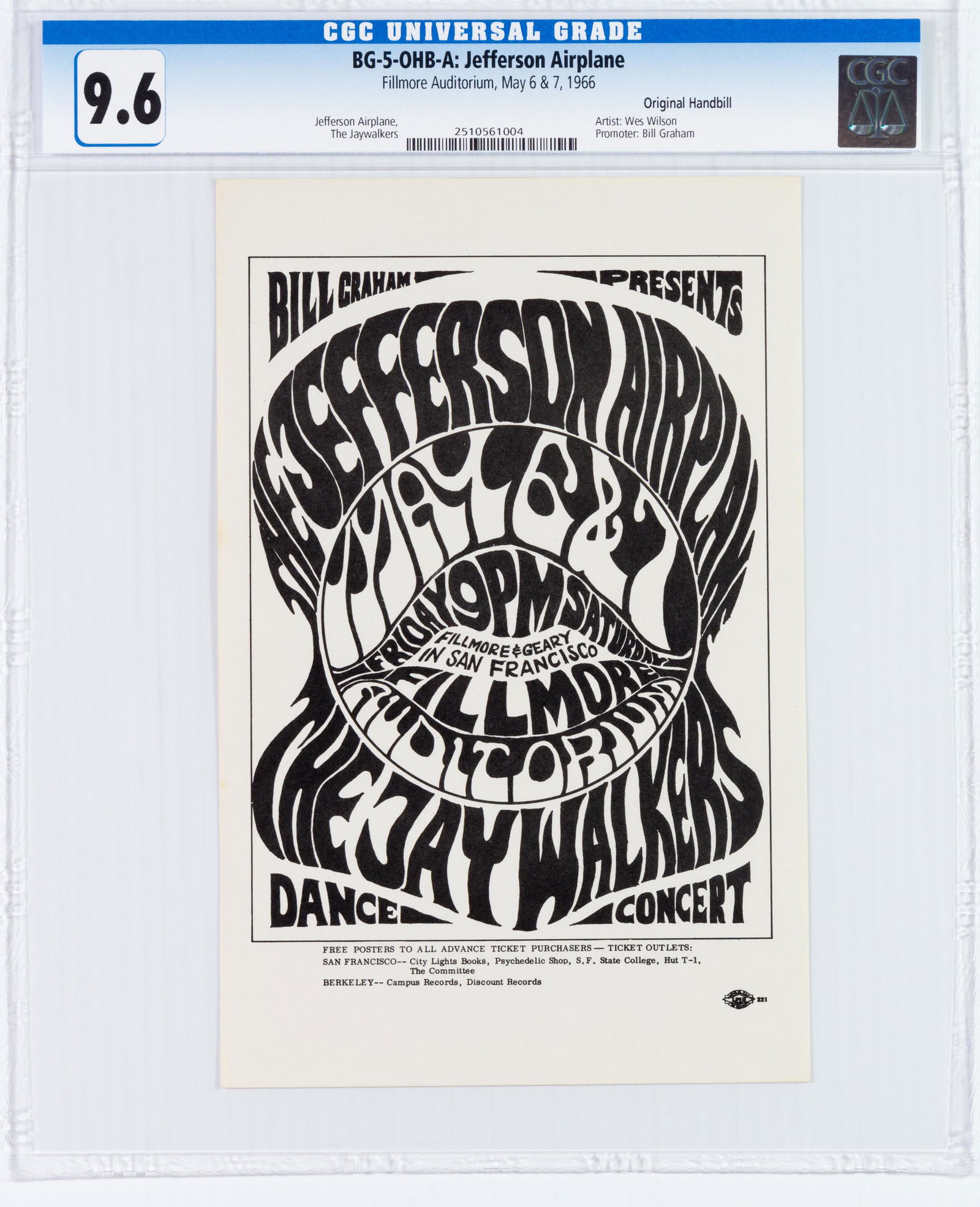 1966 BG-5 Jefferson Airplane Fillmore Handbill CGC 9.6 (1 of 2)
