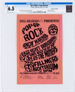 1966 BG-8 Andy Warhol Fillmore Handbill CGC 6.5: SERIES: BG-8 PRINTING: OHB-A DATE: 5/27-29/66 PERFORMER: Andy Warhol And His Plastic Inevitable,Velvet Underground,Mothers,Nico,,,,More...,, VENUE: Fillmore Auditorium GRADED: CGC 6.5