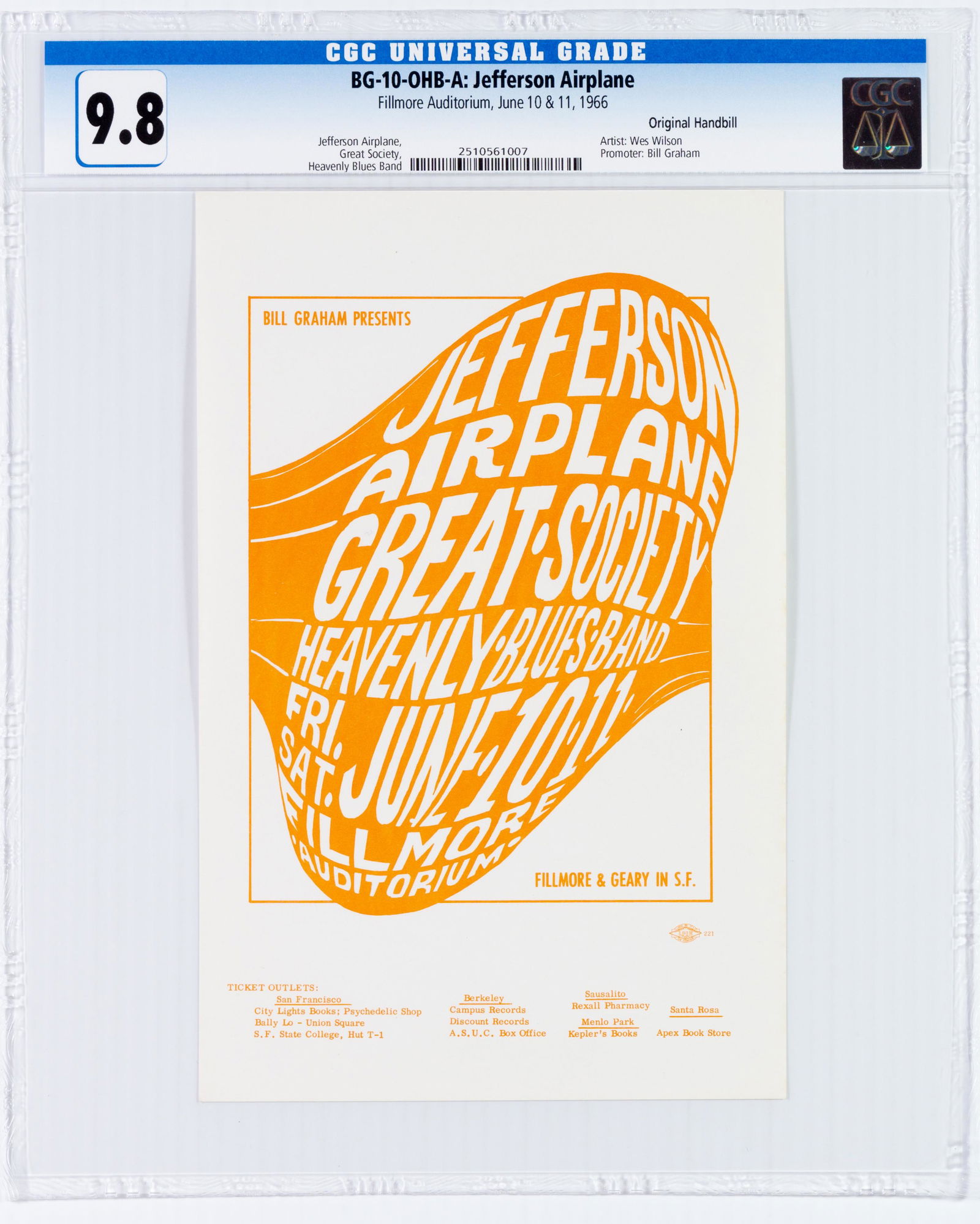 1966 BG-10 Jefferson Airplane Fillmore Handbill CGC 9.8 (1 of 2)