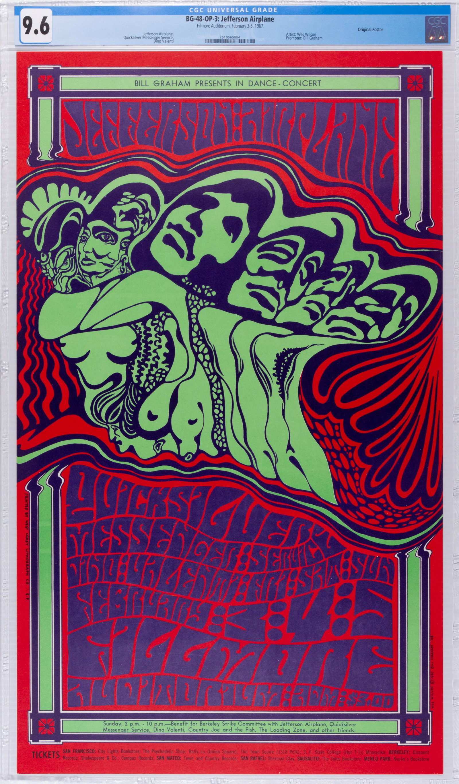 1967 BG-48 Jefferson Airplane Fillmore Poster CGC 9.6: This very psych-e-delic poster by Wes Wilson for a Jefferson Airplane / Quicksilver show at the Fillmore breaks boundaries… literally. The more you examine Wilson’s early works, the more 