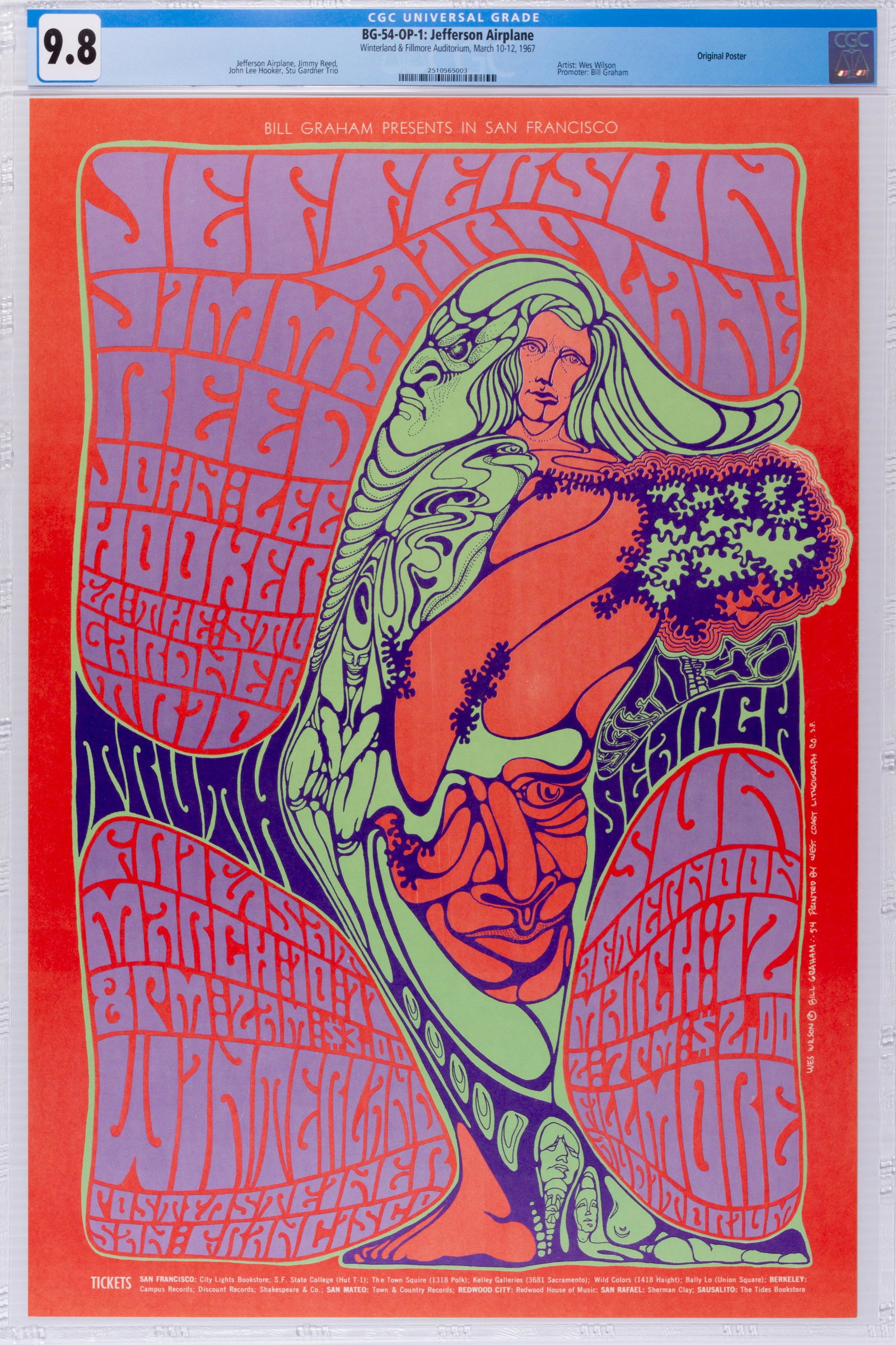 1967 BG-54 Jefferson Airplane Winterland Poster CGC 9.8: Another early poster from the first year of Bill Graham at The Fillmore. Classic band, classic Wes Wilson design, classic venue, museum quality condition, and affordable price. Exciting opportunity! P