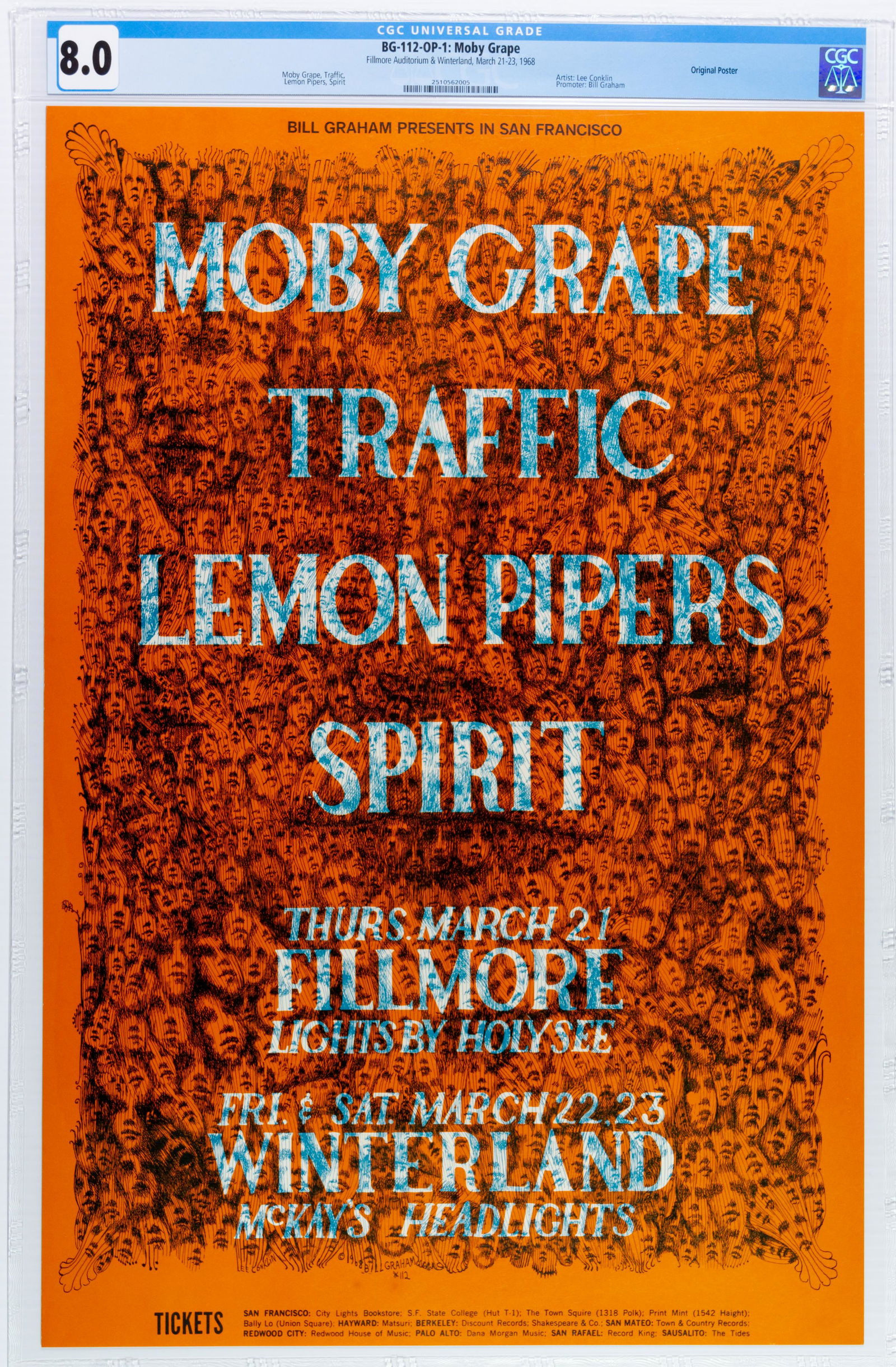 1968 BG-112 Moby Grape Traffic Fillmore Poster CGC 8.0: We don't see this issue come through our doors that often. This Lee Conklin poster for a Moby Grape / Traffic show at the Fillmore is so wonderfully, subtly, trippy that you need to see it first hand