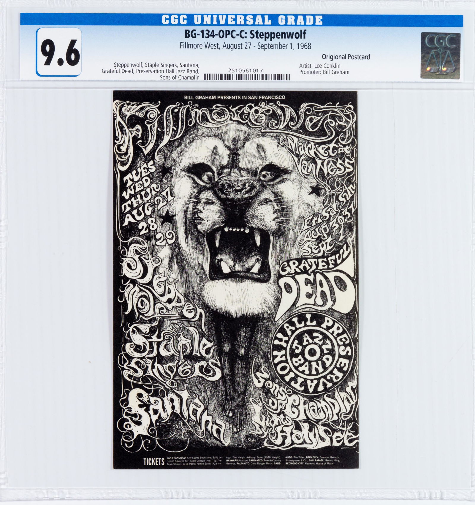 1968 BG-134 Grateful Dead Fillmore Postcard CGC 9.6 (1 of 2)