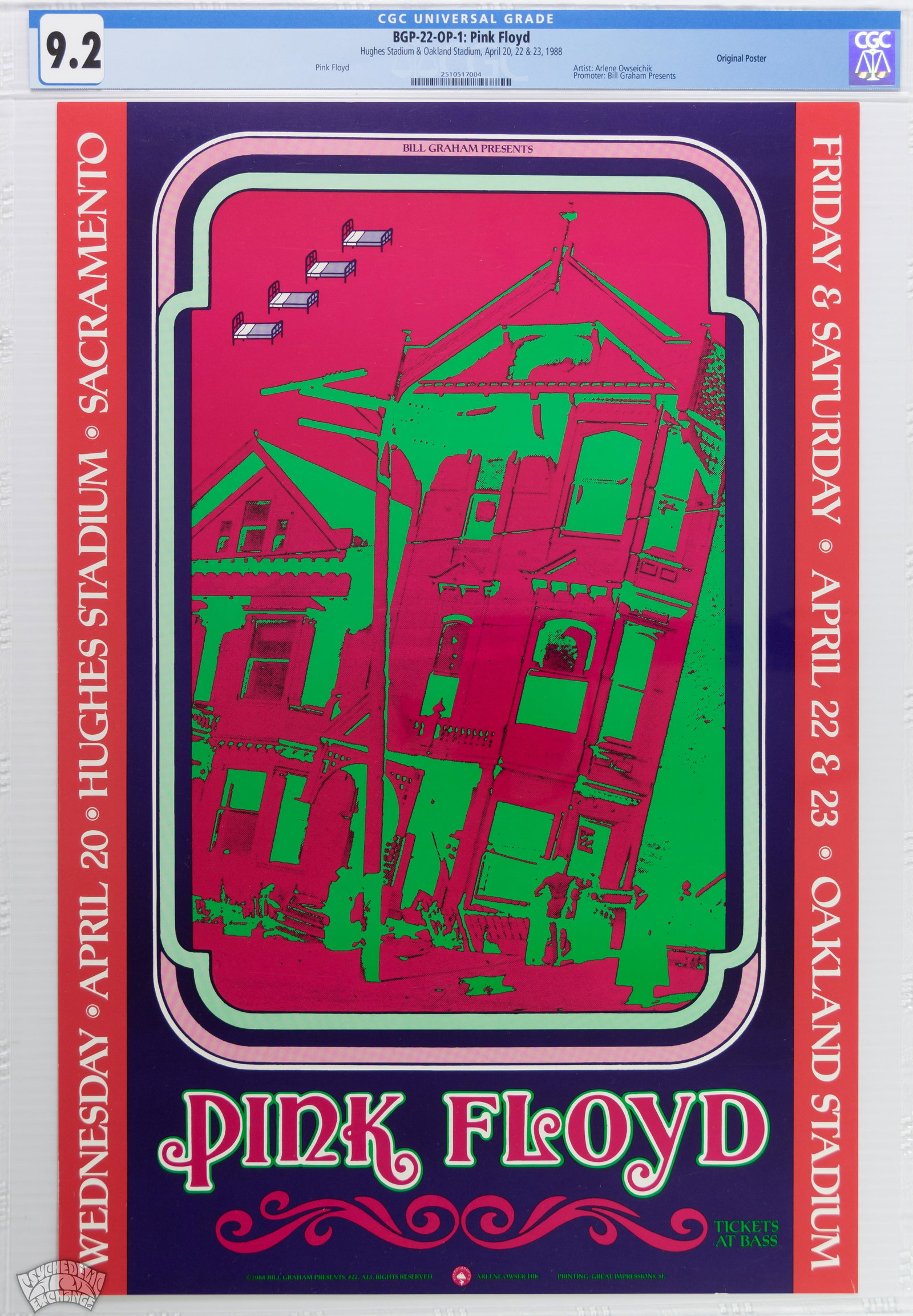 1988 BGP-22 Pink Floyd Hughes Stadium Poster CGC 9.2: A Pink Floyd collectible for the ages! Original First Printing. Excellent Condition. CGC Grading and Authentication. Incredible Artwork. This exquisite poster literally has it all. Artist Arlen