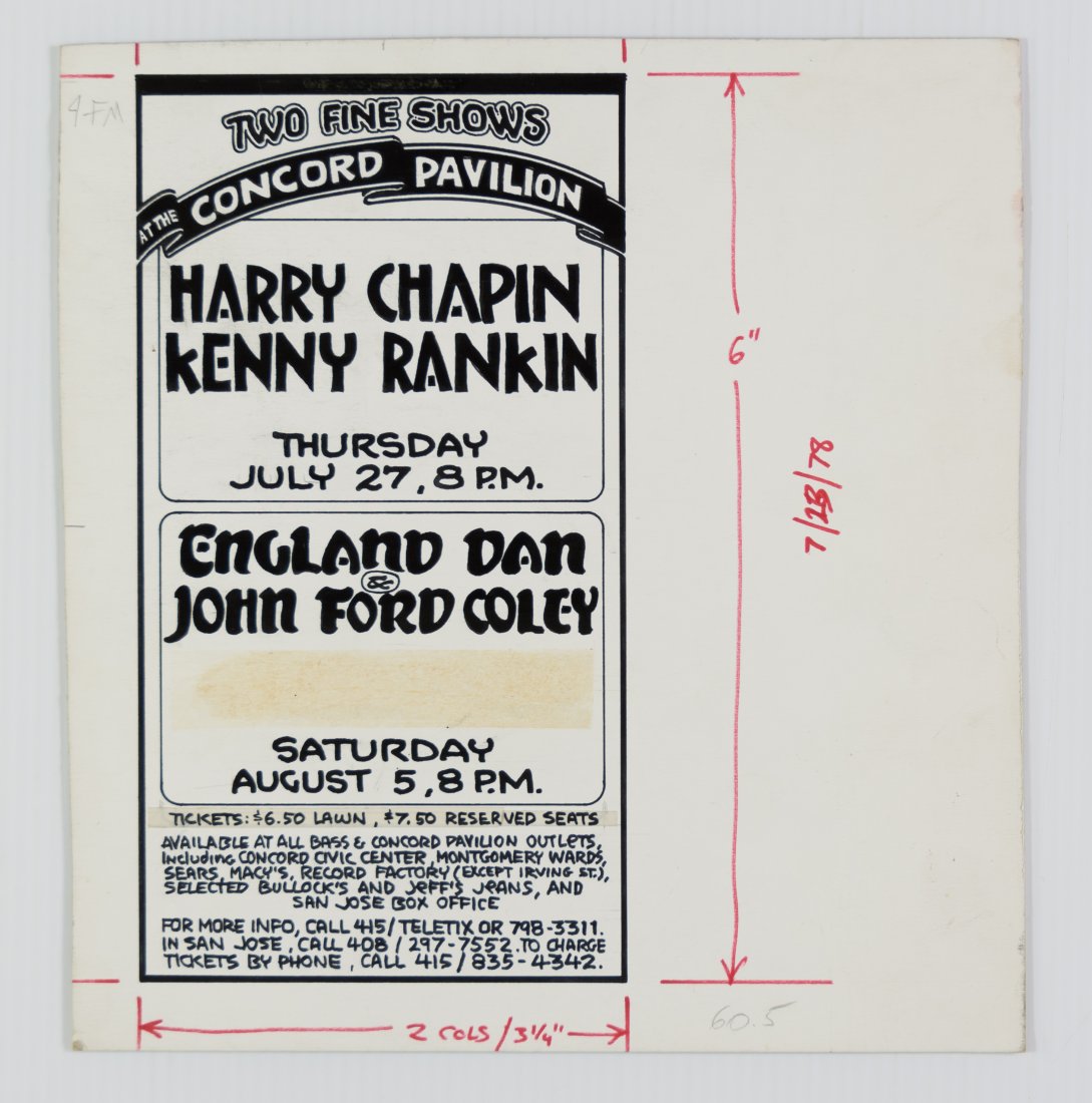 Original Art Harry Chapin Concord Pavillion Randy Tuten: This is original art by Randy Tuten for a poster he created for signer songwriter Harry Chapin in 1975 at the Concord Pavilion. Poster: Original Art For Harry Chapin @ Concord Pavillion By Randy Tuten