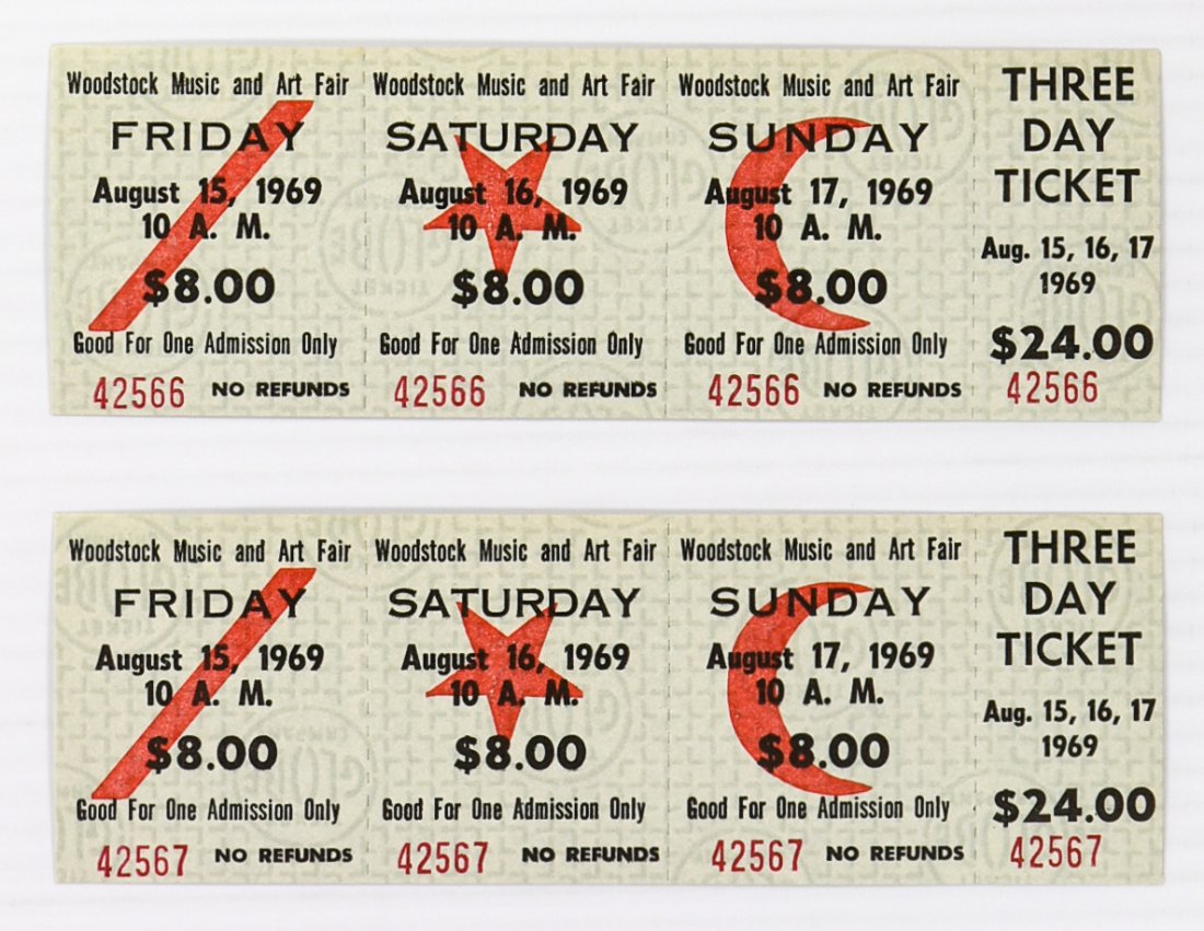 1969 Set of 2 Woodstock Yasgur's Farm Tickets: The Woodstock Music & Arts Festival was certainly the most legendary and famous music festival of all, and we are pleased to offer these Original Woodstock 1969 tickets to the collecting community! Th