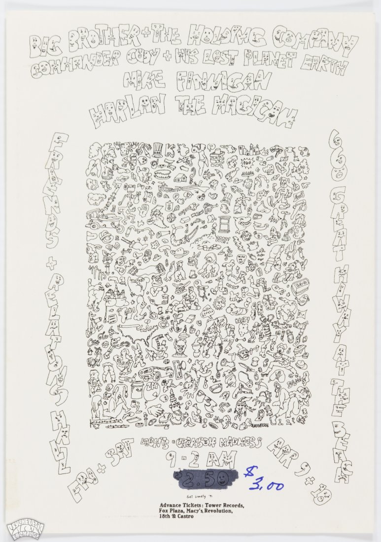 1971 Big Brother 660 Great Highway Handbill: Presenting for the first time in our auction! BIG BROTHER AND THE HOLDING COMPANY / Commander Cody and his Lost Planet Earth / Mike Finnegan / Harlan the Magician - Lights by Crimson Madness - Friday 