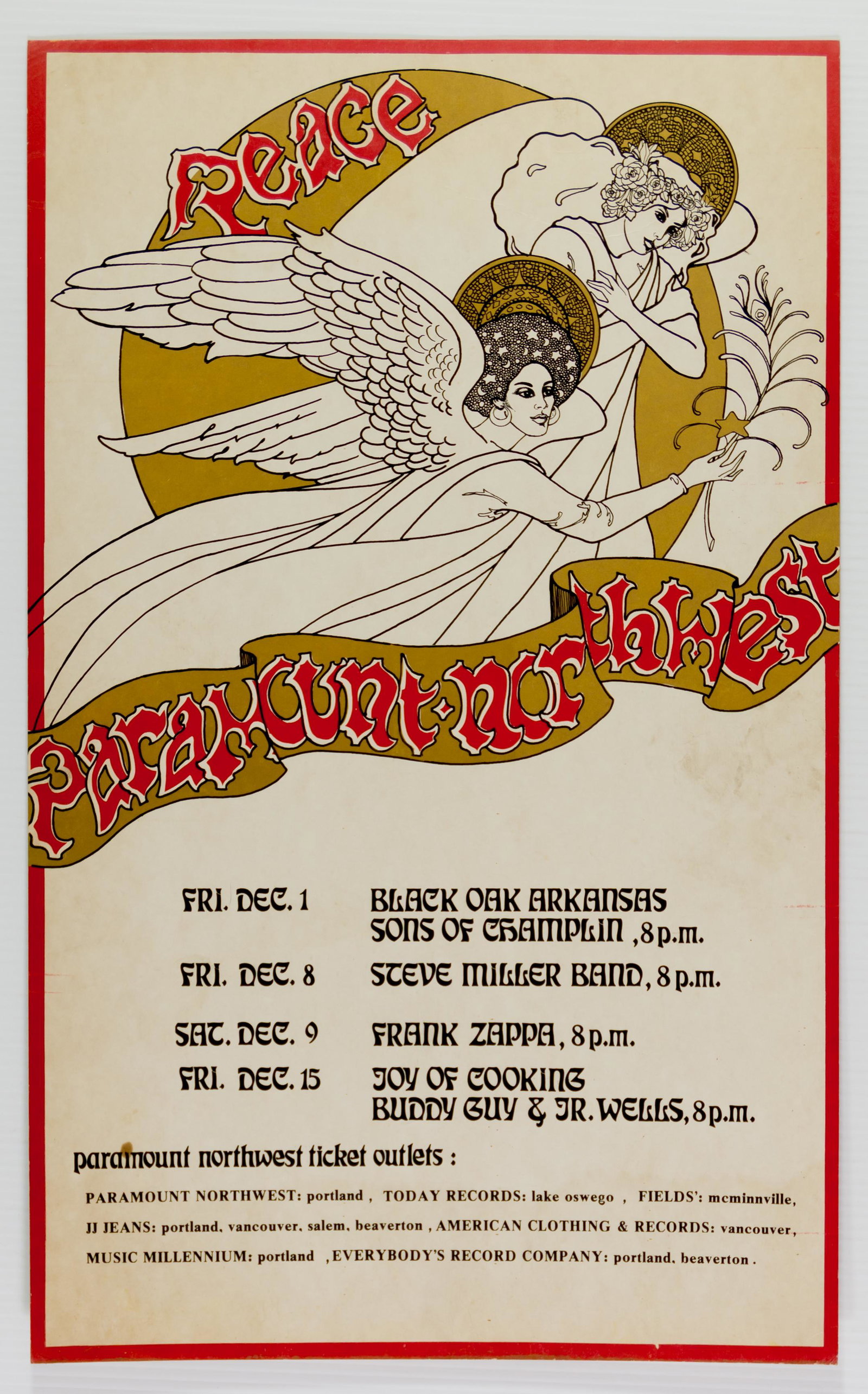 1972 Zappa Black Oak Peace Paramount NW Poster: Poster: Peace Paramount Nw Grade: EXCELLENT 79 Bands/Bill: Black Oak Arkansas, Sons Of Champlin, Frank Zappa, Joy Of Cooking, Buddy Guy & Jr. Wells Venue: