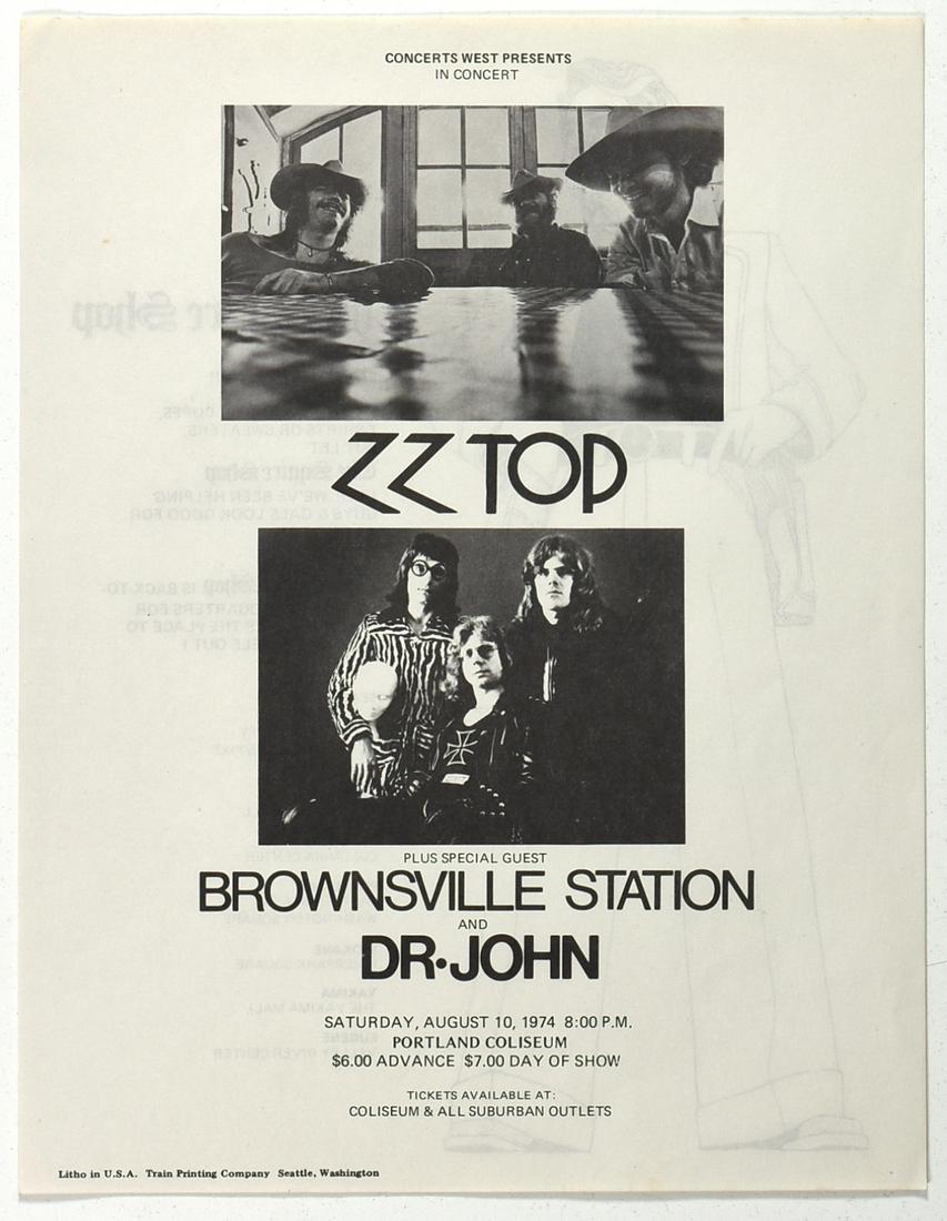 1974 ZZTop Dr John Portland Coliseum Handbill: This handbill from 1974 advertises the lineup of ZZ Top, Brownsville Station, and Dr. John at the Portland Coliseum. The piece is double sided with the reverse advertising a menswear store called "The