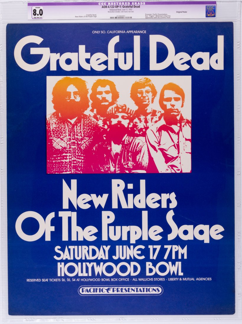 1972 AOR-4.122 Grateful Dead Hollywood Bowl OP CGC APP8: This poster has been professionally restored to offer the appearance and eye appeal of a Mint copy! Restoration includes: Color touch, tear seal. The poster was created for a Grateful Dead concert at