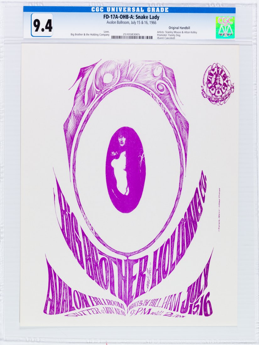 1966 FD-17A Big Brother Love Avalon Handbill CGC 9.4: These shows scheduled for July 15 and 16 ended up being cancelled so the same basic image based on a painting by Franz Von Stuck was recycled for the next concert which was FD-17 July 22nd 1966. Becau